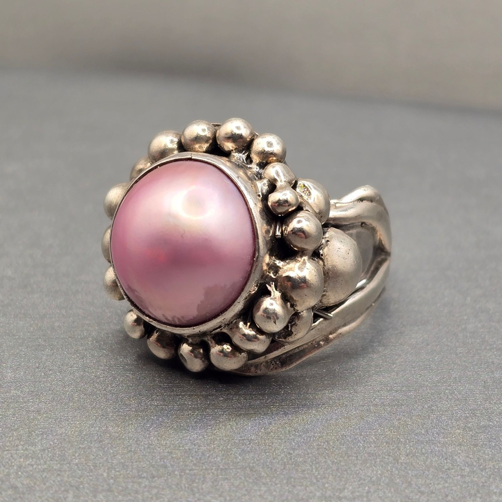 Vintage Masha Archer Sterling Silver Pink Mabe Pearl Ring Size 7 Brutalist