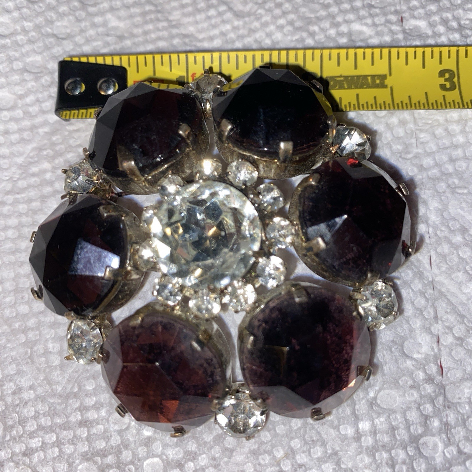 Large Contemporary Goldtone Purple & Clear Rhinestone Brooch 2.5”