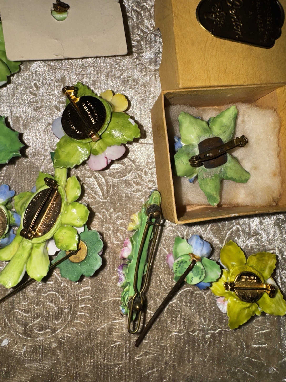 Vtg Jewelry Lot Signed English Fine Bone China Flower Art Brooch Earring Garden