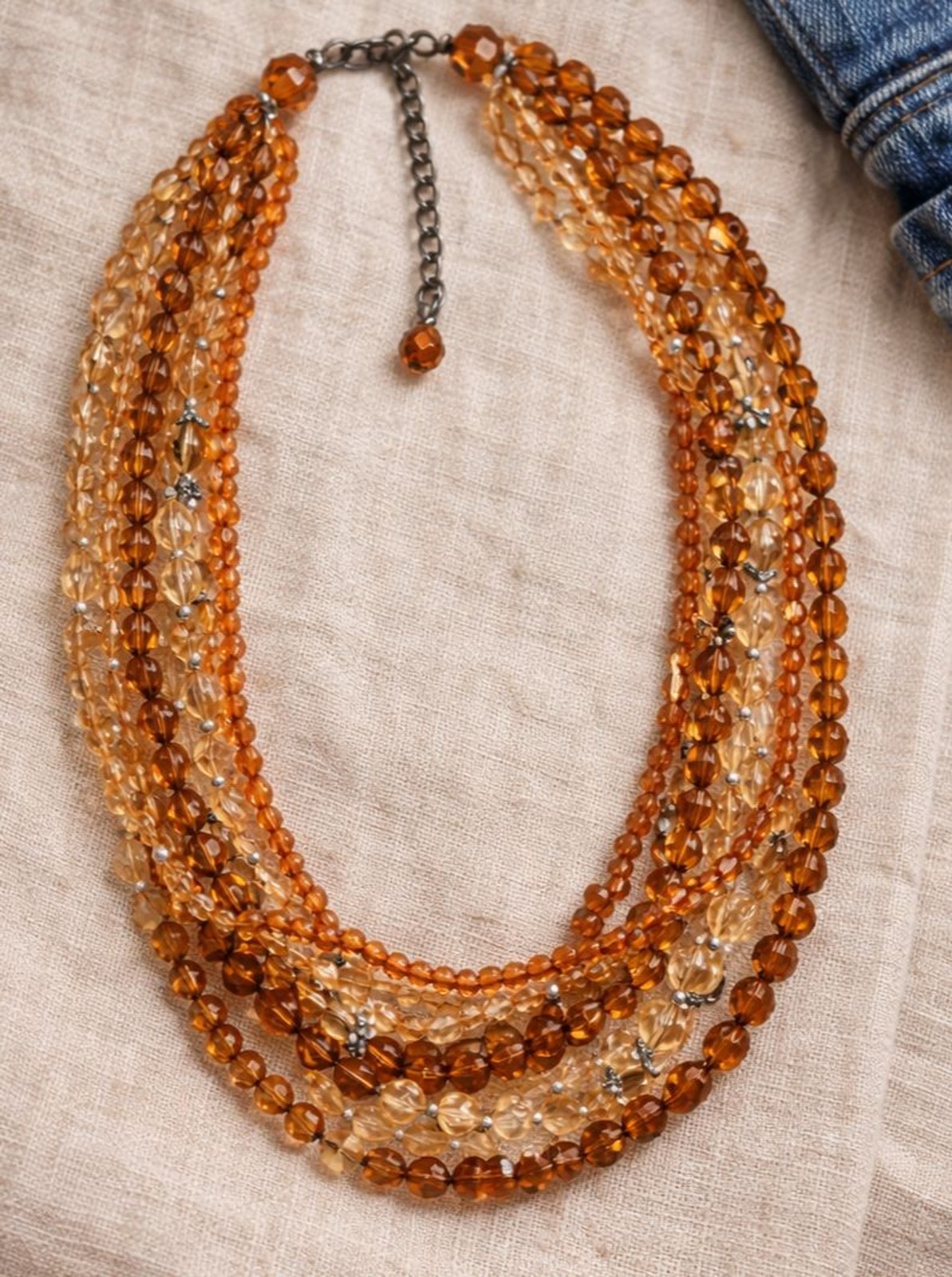 Vintage 1960s Amber Faceted Bead Multi Strand Statement Necklace Bib Boho Chunky