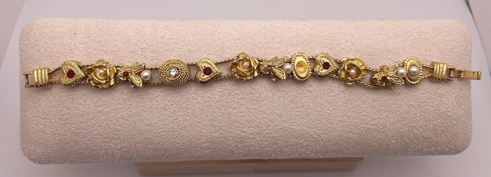Vintage Goldtone Red Clear Rhinestone Slide Bracelet Missing Two Stones