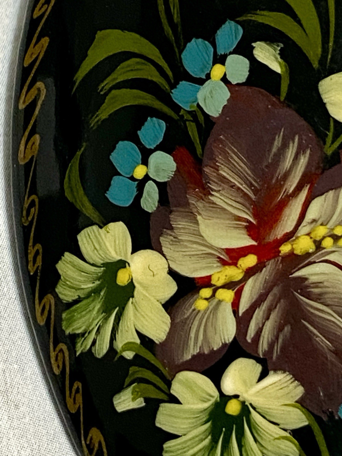 Vintage Russian Brooch Hand Painted Black Lacquer Floral Pin Signed 2.25″
