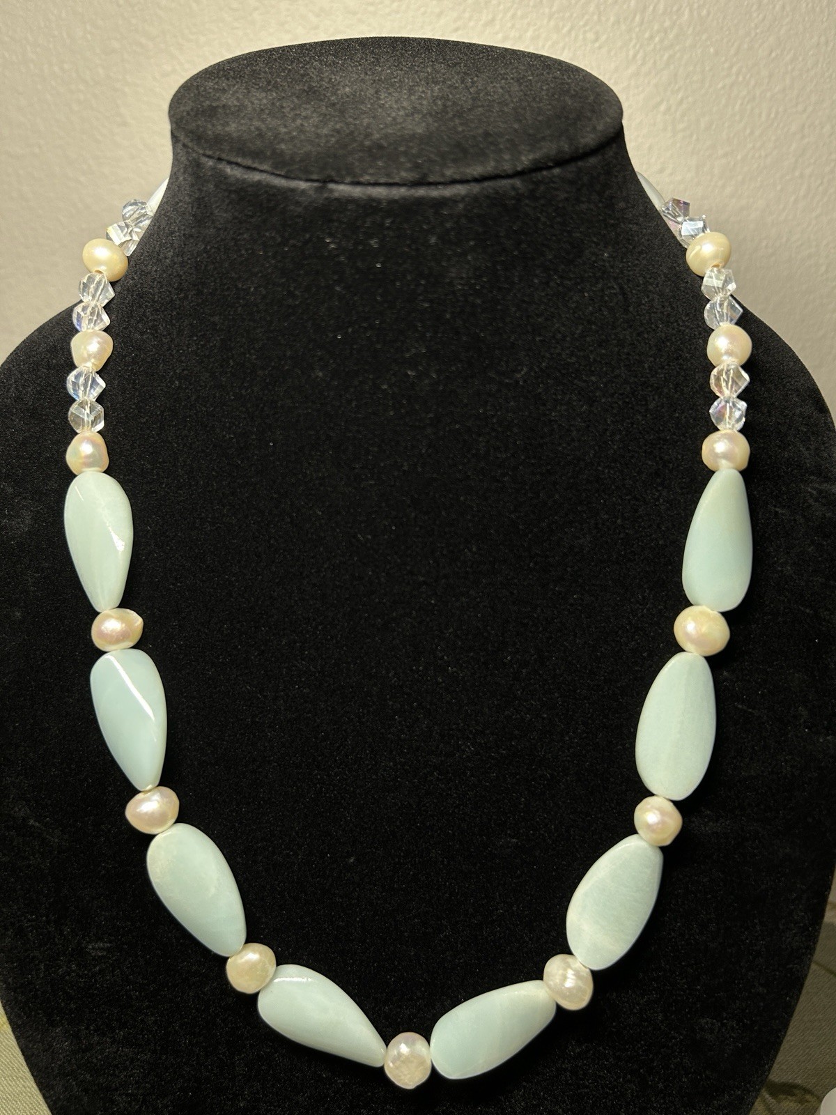 Carved Stone Fresh Water Pearls MOP Aurora Crystal Beaded Necklace