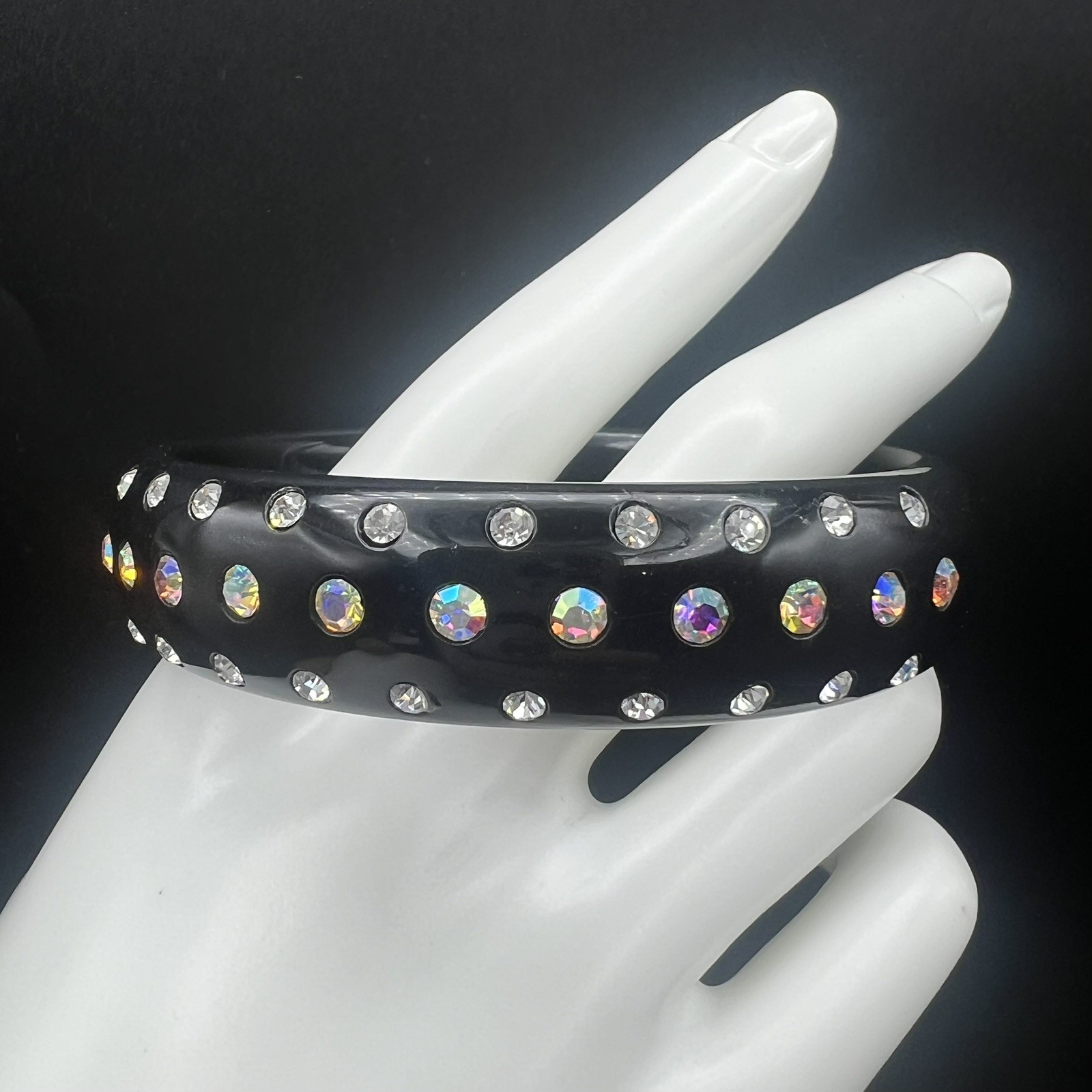 Vintage Black Acrylic Lucite AB Rhinestones Domed Bangle Bracelet Size 8″