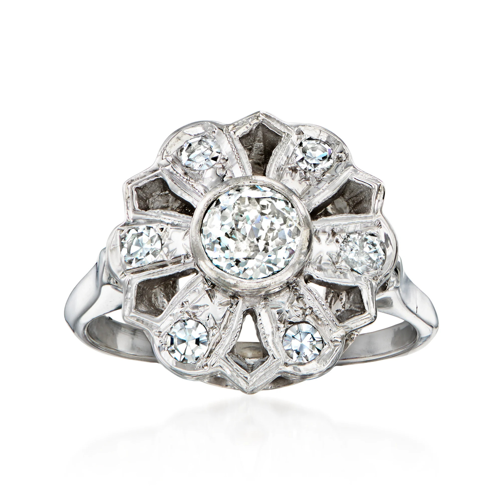 Vintage .80 ct. t.w. Diamond Flower Ring in 14kt White Gold. Size 7