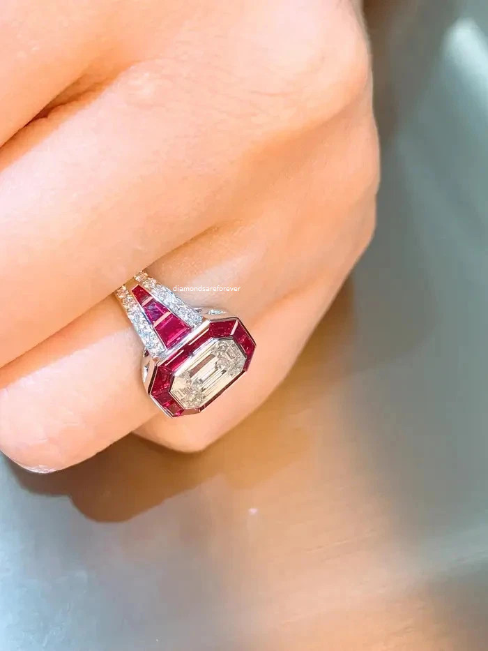 Art Deco Style 4Ct Emerald Moissanite Halo Ruby Wedding 14K White Gold Finish