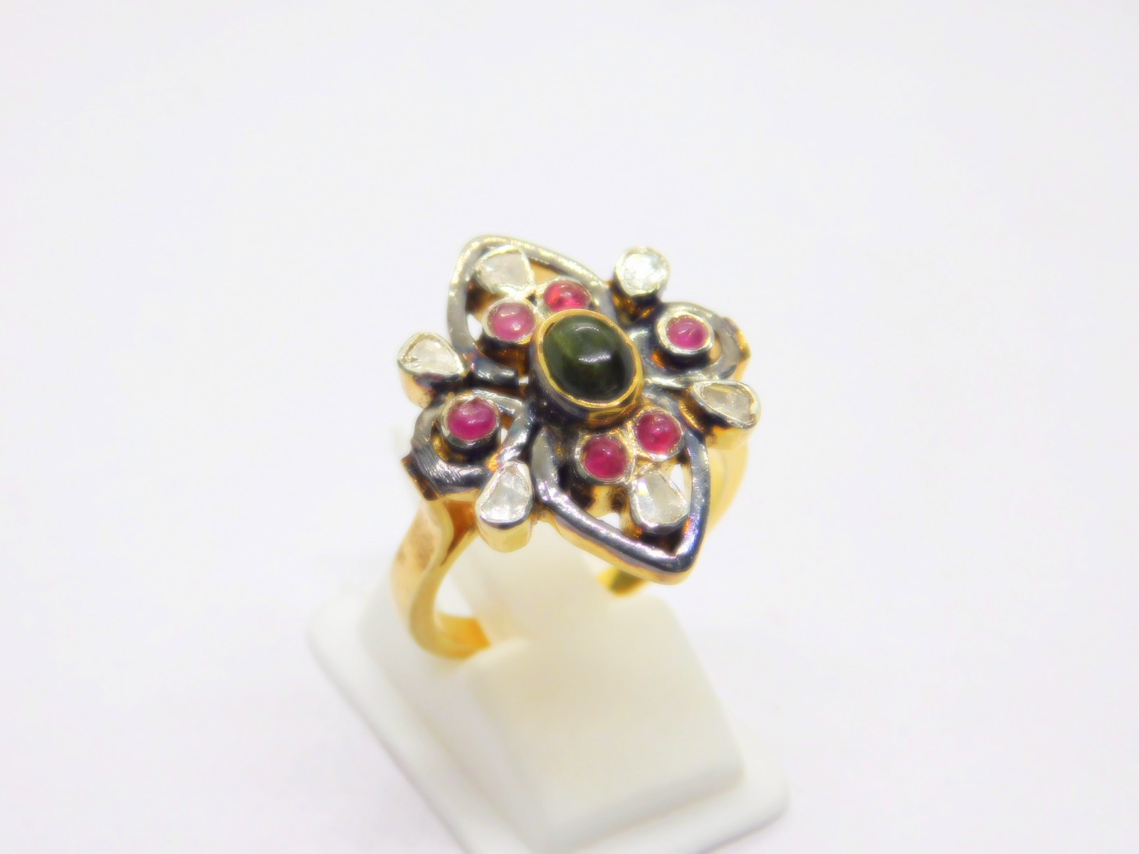 Natural Tourmaline Diamond Polki Ring, 925 Sterling Silver Victorian Jewelry