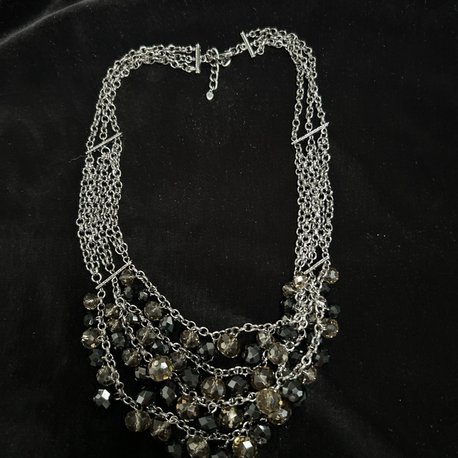 Designer NECKLACE Silver Toned 4 Strands Black/Clear Smokey Shiny Glass Beads