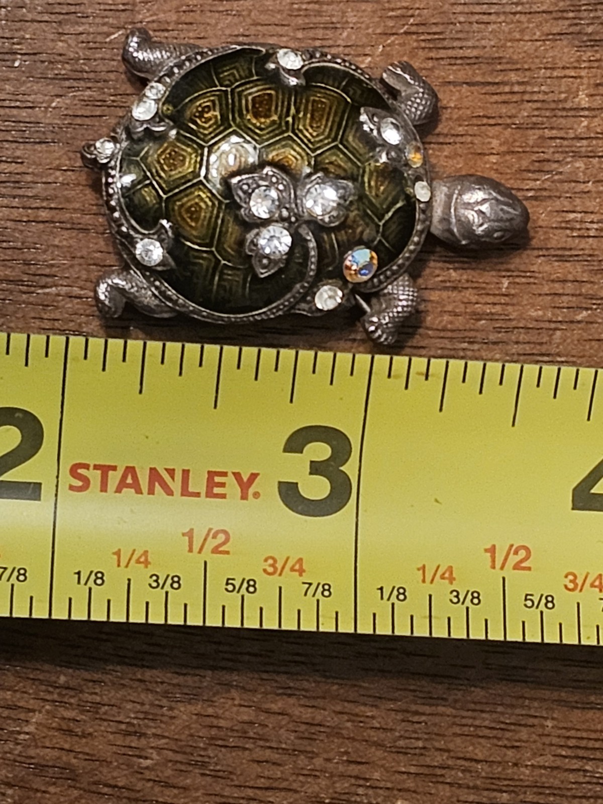 CATHERINE POPESCO FRANCE GREEN TURTLE INLAY ENAMEL & Rhinestones PEWTER BROOCH