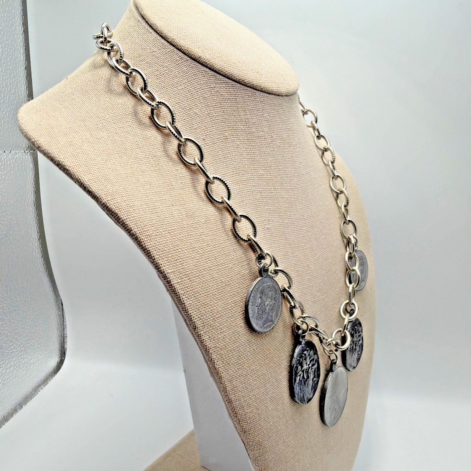 Vintage Coin Charm Necklace Grechian Silver Toned Size 18.5”