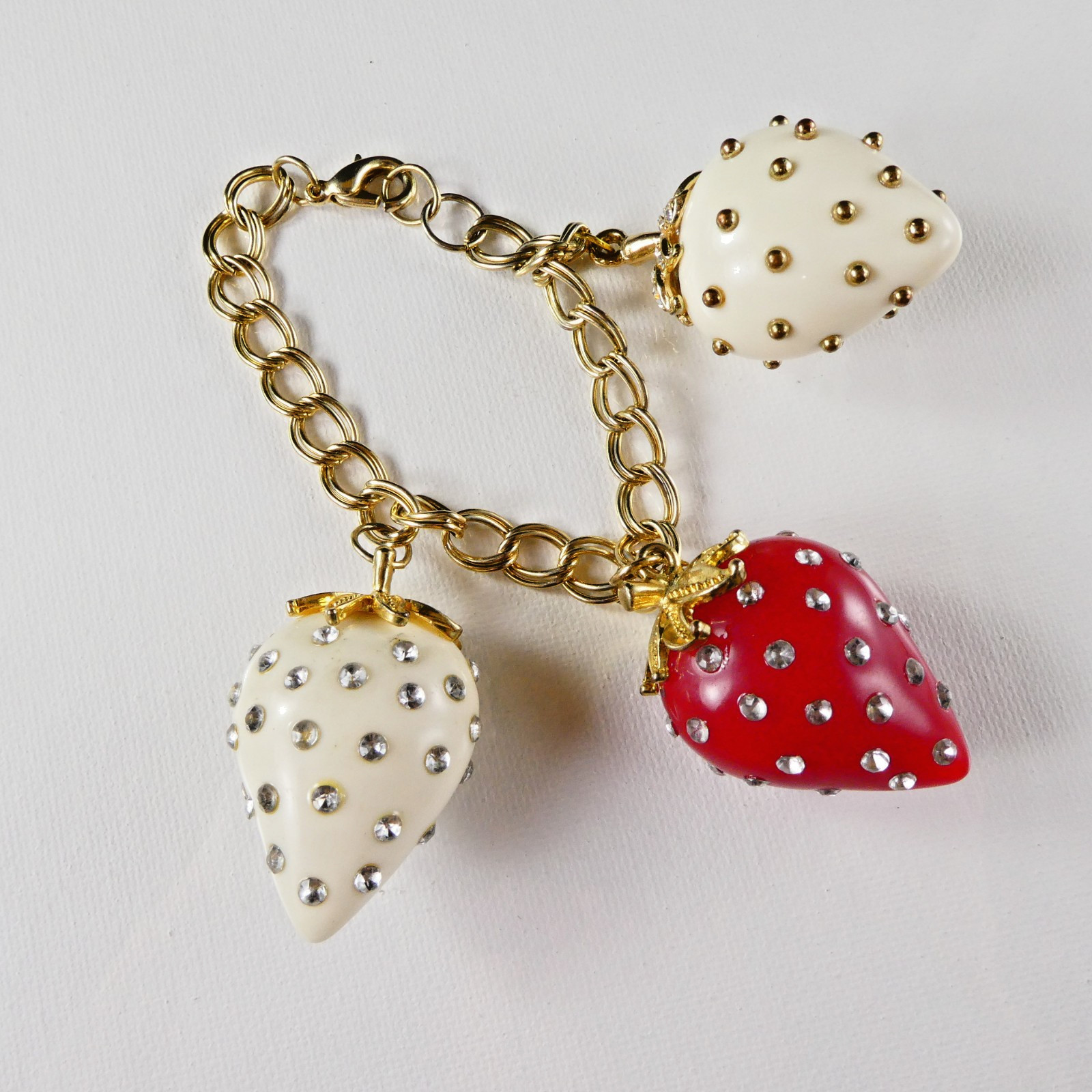 Vintage Strawberry Charm Bracelet 3 Large Charms Red White Gold Tone Double Link