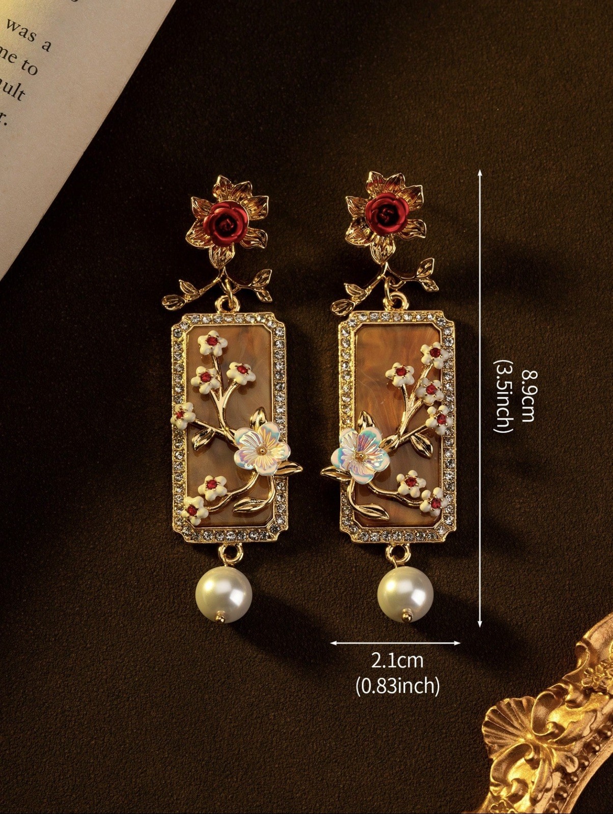 Vintage Floral Drop Earrings Red Rose Pearl Dangle Elegant Art Deco