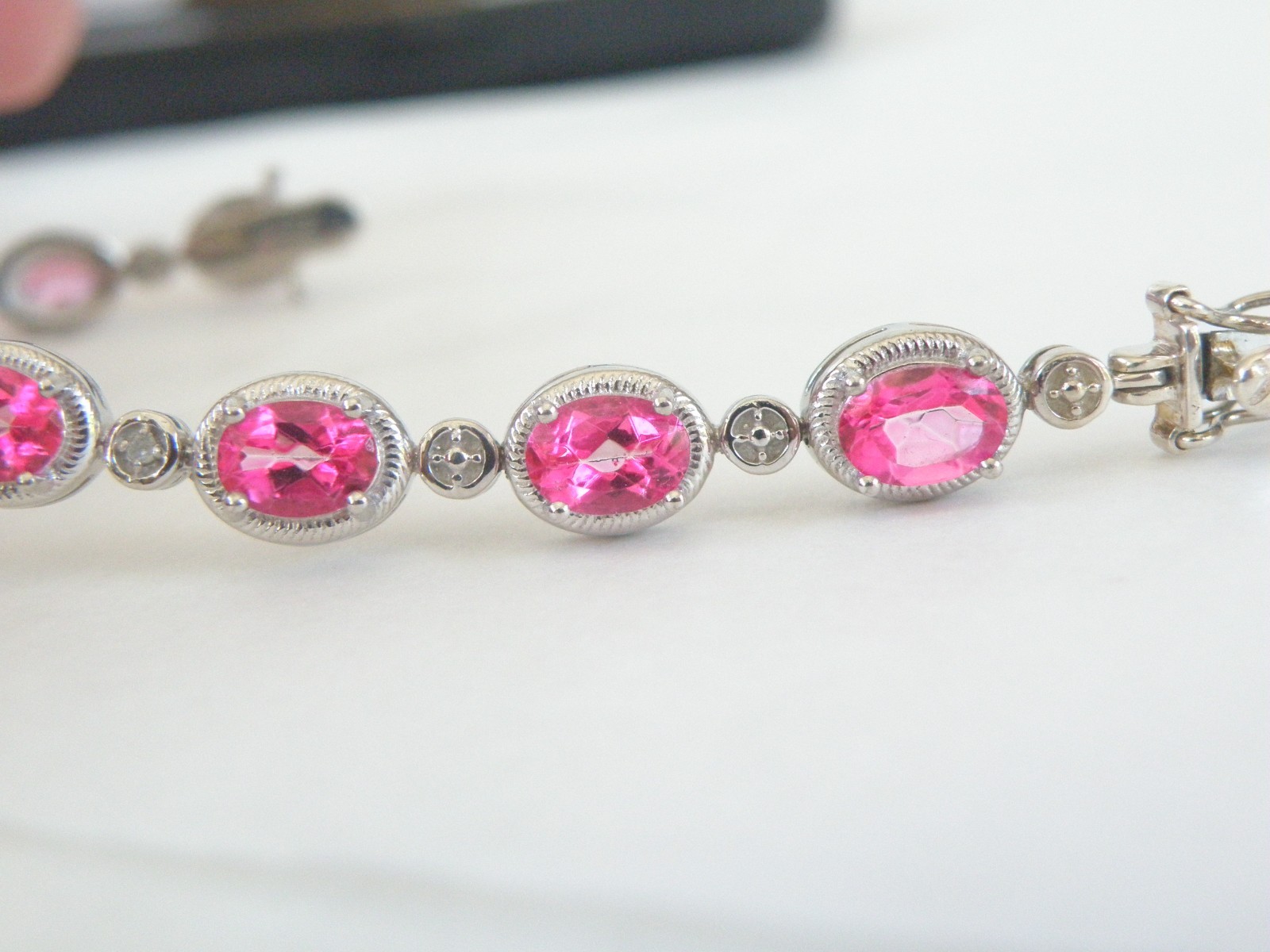 Sterling Silver 925 Natural Pink Topaz Diamond Tennis Bracelet 7.5″