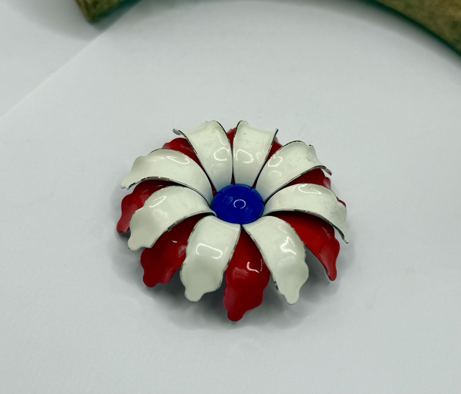 Vintage MCM Red White Blue Enamel Flower Brooch Pin Patriotic 4th Of July