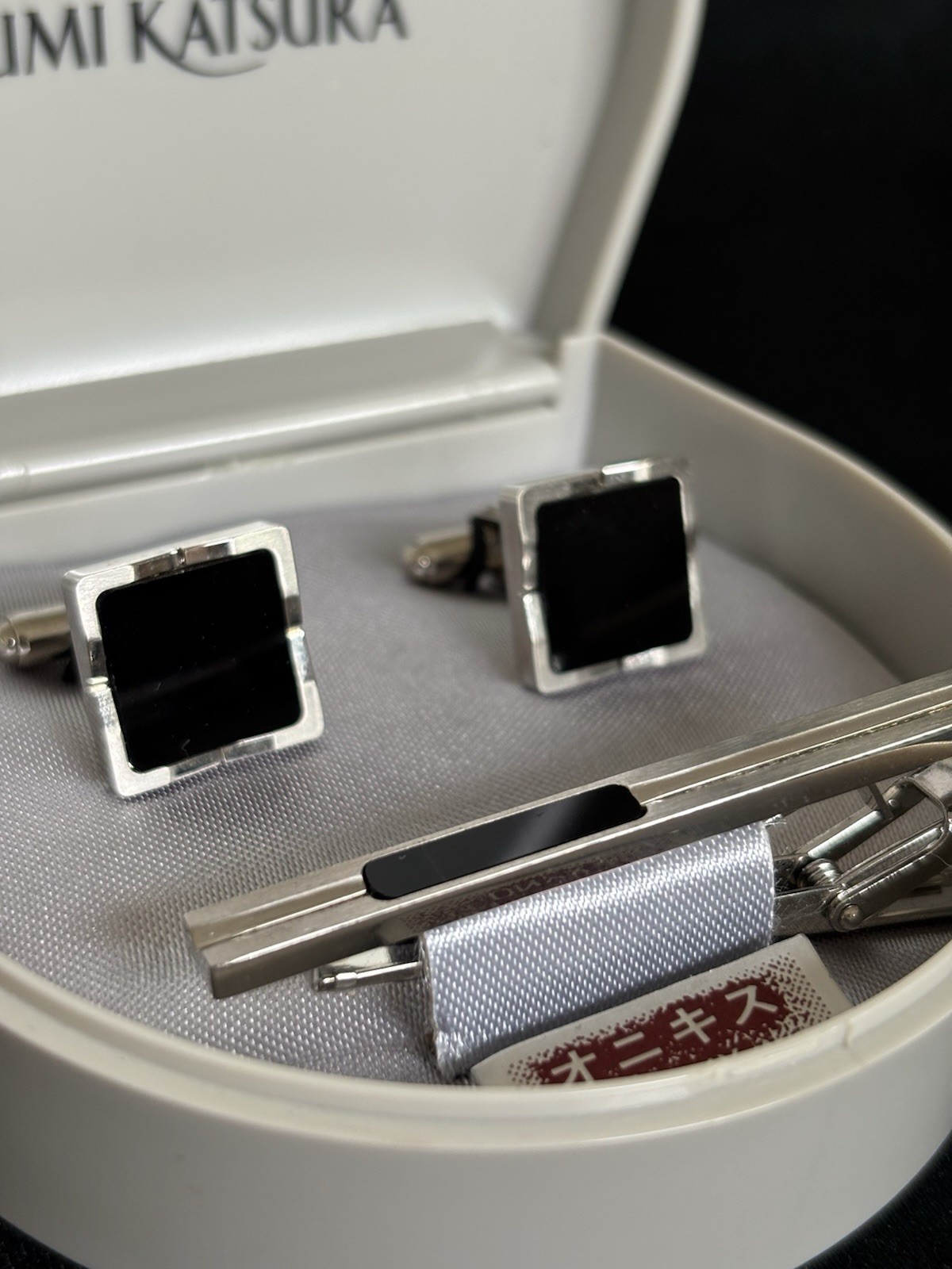 Vintage Yumi Katsura Black Onyx Cufflinks & Tie Clip Set w/ Original Case Japan