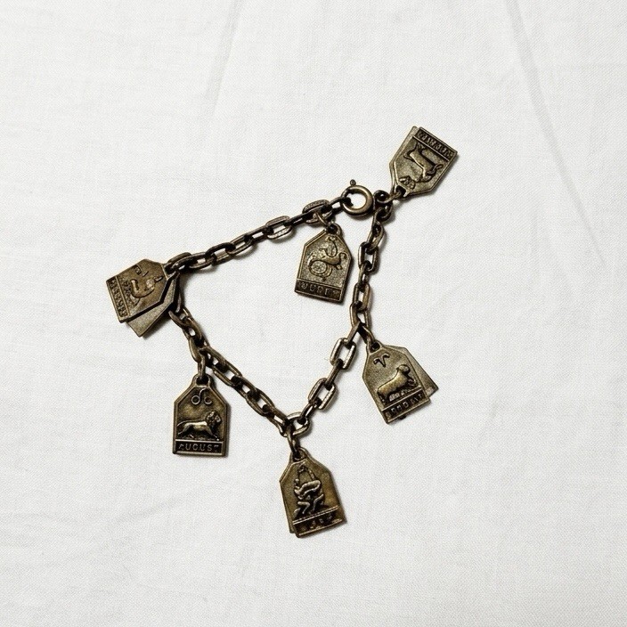 Vintage Zodiac Signs Charm Bracelet Antiqued Brass Tone Metal Astrology Jewelry