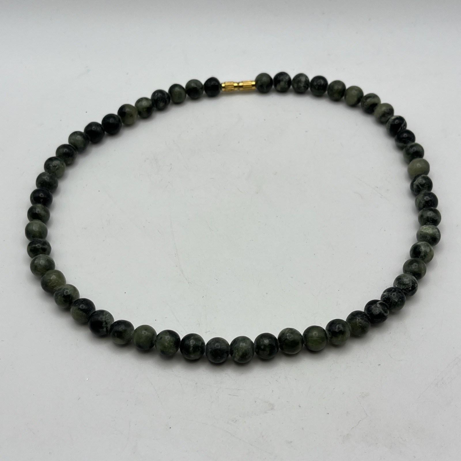 Vintage Dark Green Serpentine 6mm Natural Stone Beaded Necklace Barrel Clasp