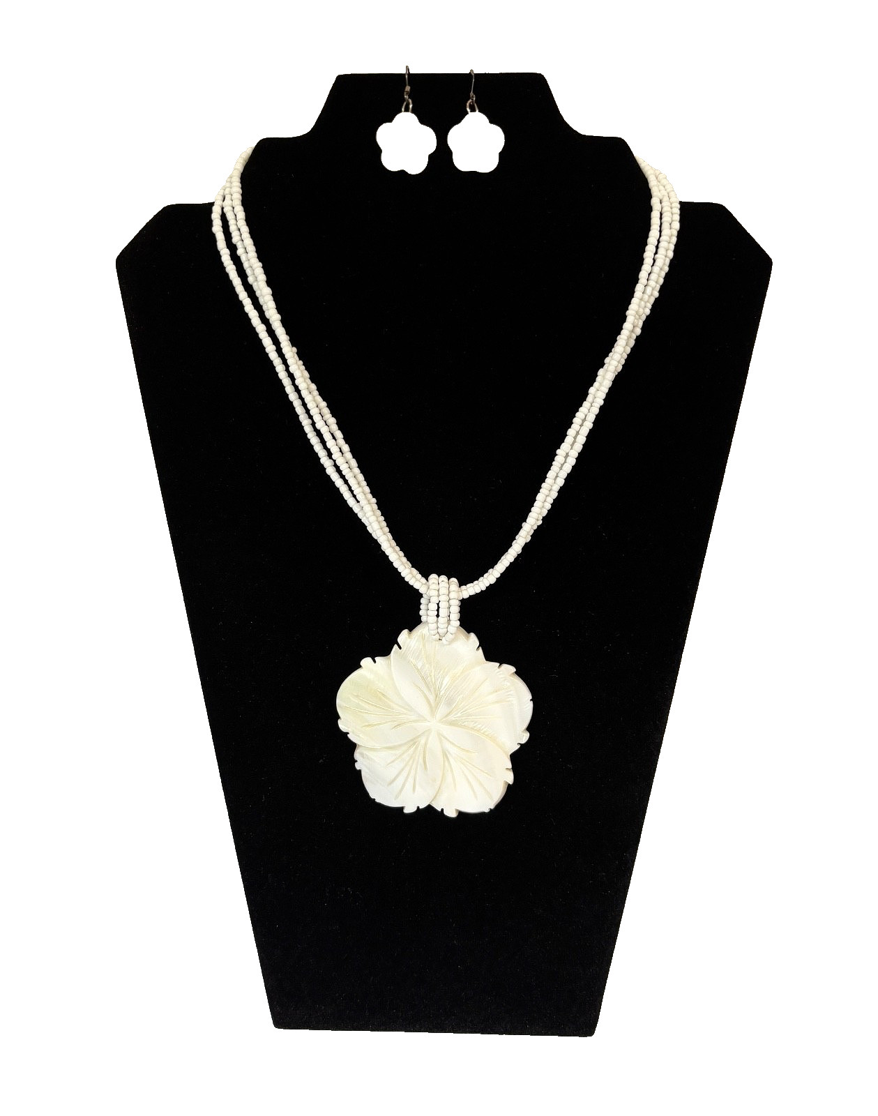 Vtg Mother of Pearl Necklace & Pierced Earrings Set Flower 1980s Island Wedding
