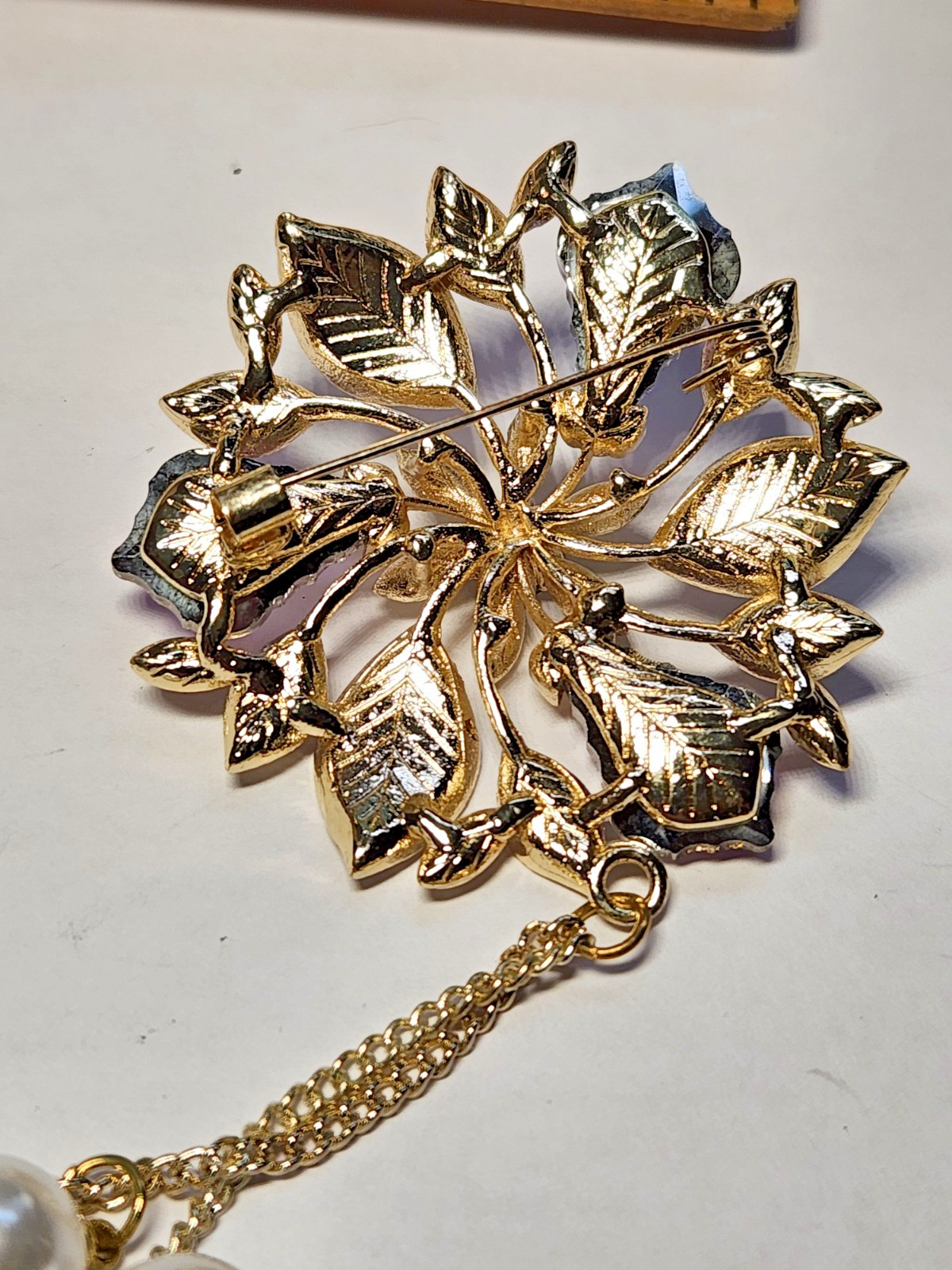 Vintage Style AB Crystal Floral Brooch Gold Tone C-Clasp Tassel Faux Pearl drop