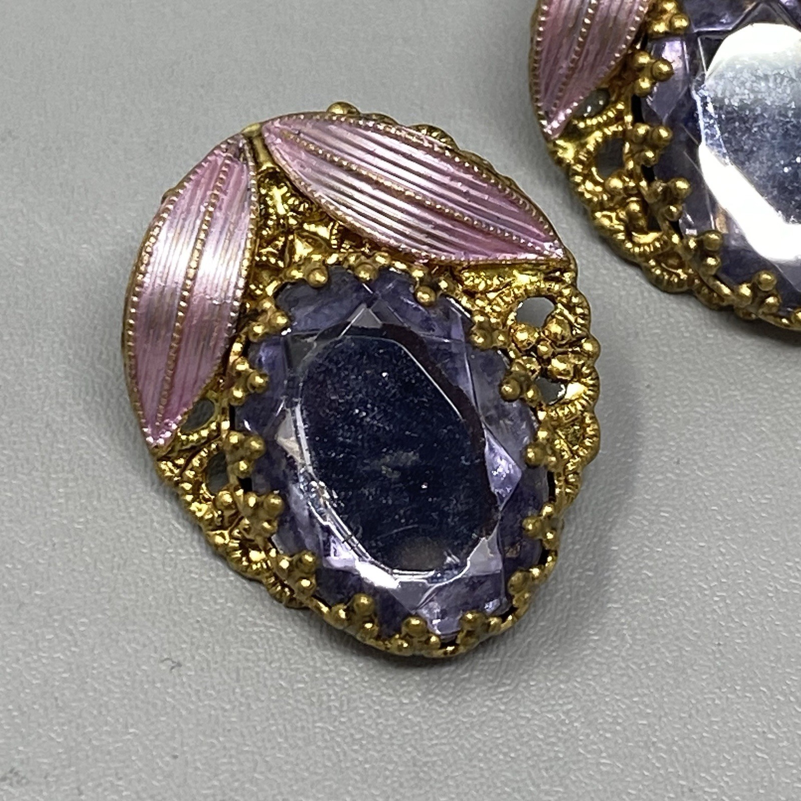 Purple Glass Rhinestone Earrings Pierced Enamel Silk Ribbon W Germany Style 1″