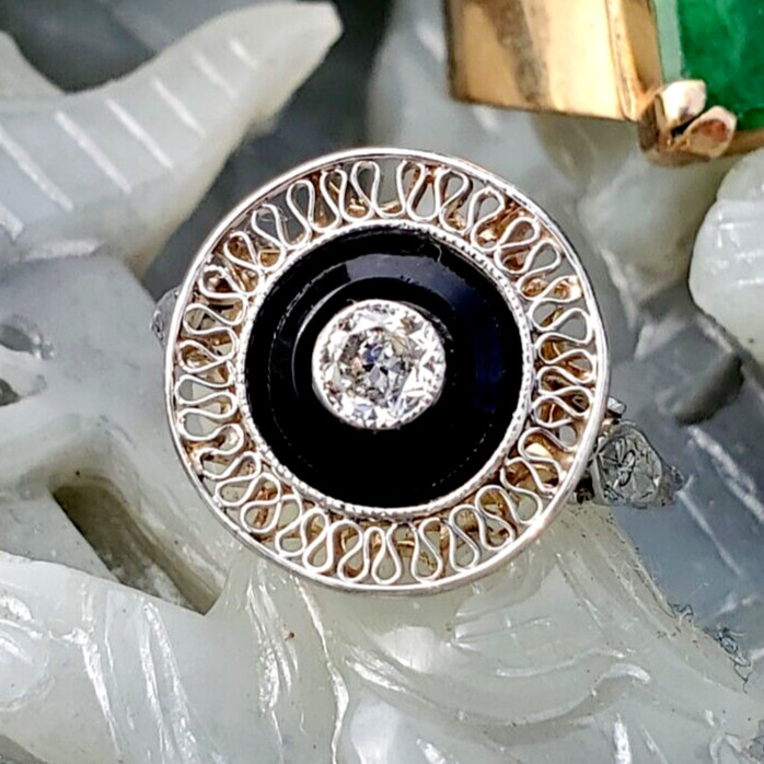 Original EARTH MINED DIAMOND Onyx Deco Engagement Ring Antique PLATINUM Filigree