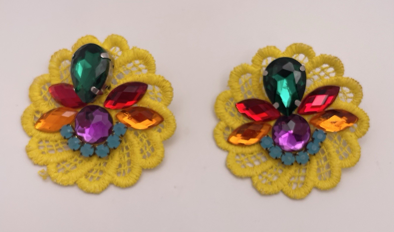 Vintage Handmade Tropical Yellow Multicolor Rhinestone Statement Earrings