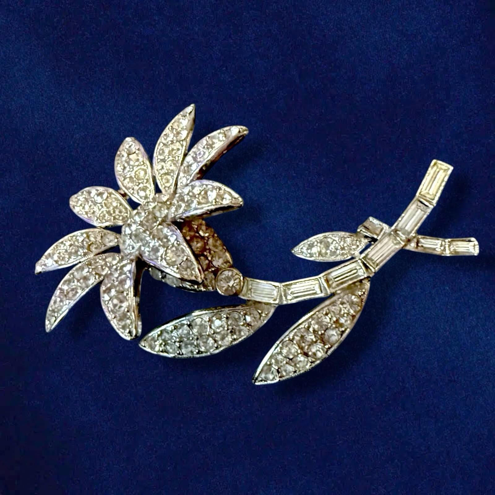 Rhinestone Flower Brooch Signed ORA Rhodium 1940s Large Vintage Pin 3 Inch