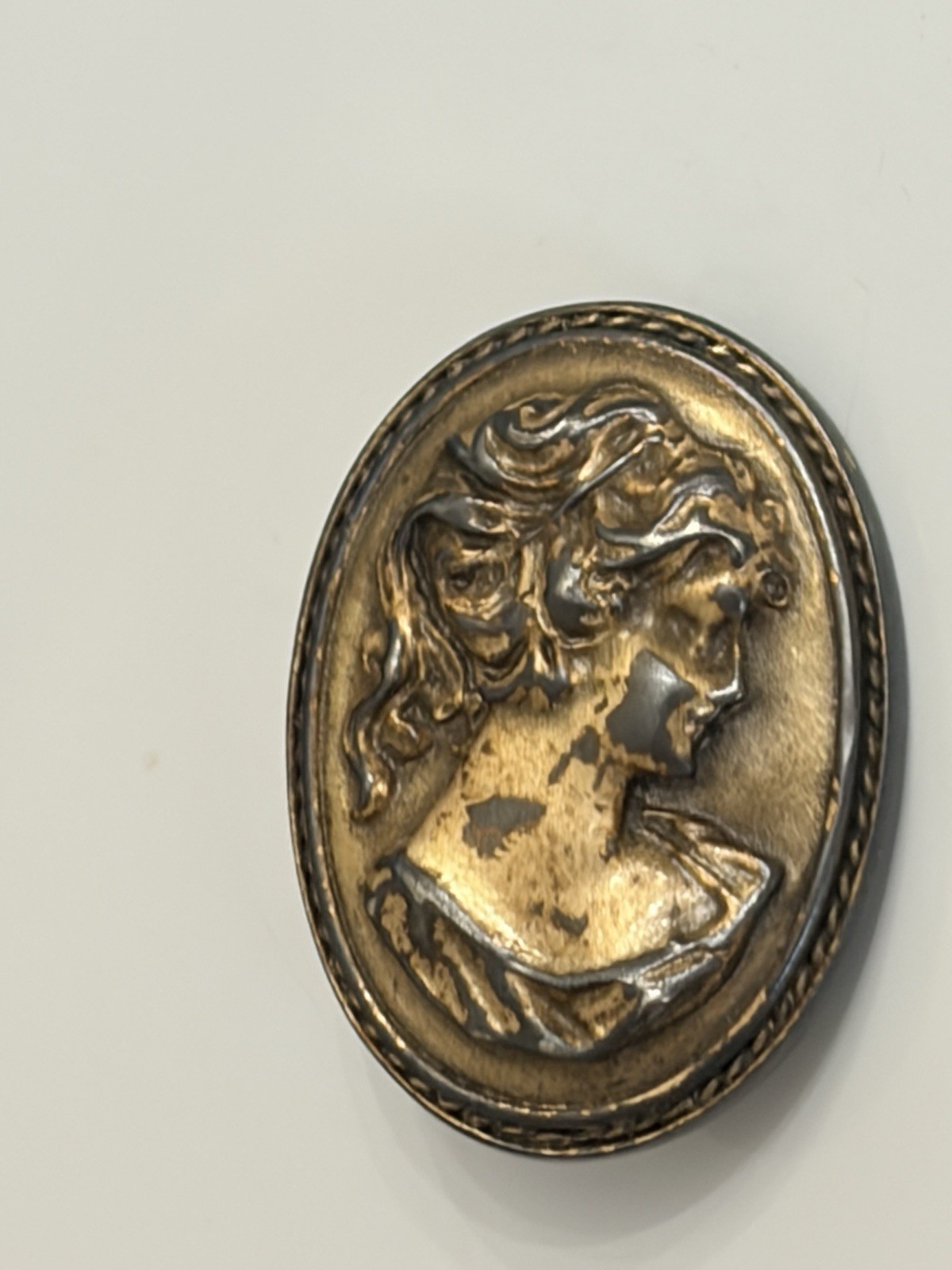 Vintage Bronze Color Brooch Pin Cameo Style Woman Profile Oval Pin