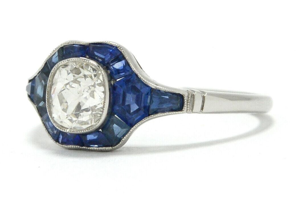 Antique Old Mine Cut Diamond & Sapphire Art Deco Style Engagement Ring