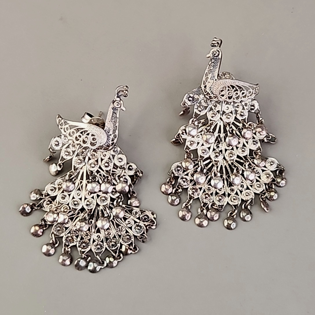 Vintage Sterling Silver Peacock Earrings Cannetille Filigree Articulated Dangles