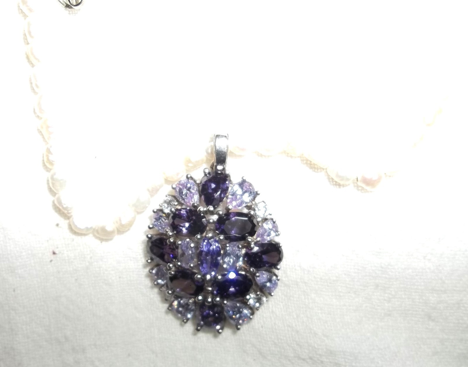 Sterling Silver PENDANT PURPLE LAVENDER RHINESTONES Lovely Faux Pearl NECKLACE