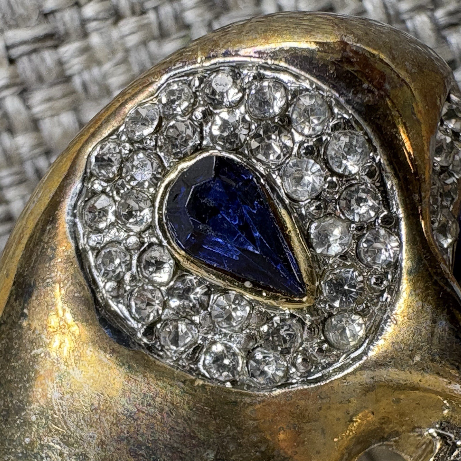 Vintage Gold Tone Owl Brooch Blue Baguette Eyes Rhinestone Pave Figural Pin