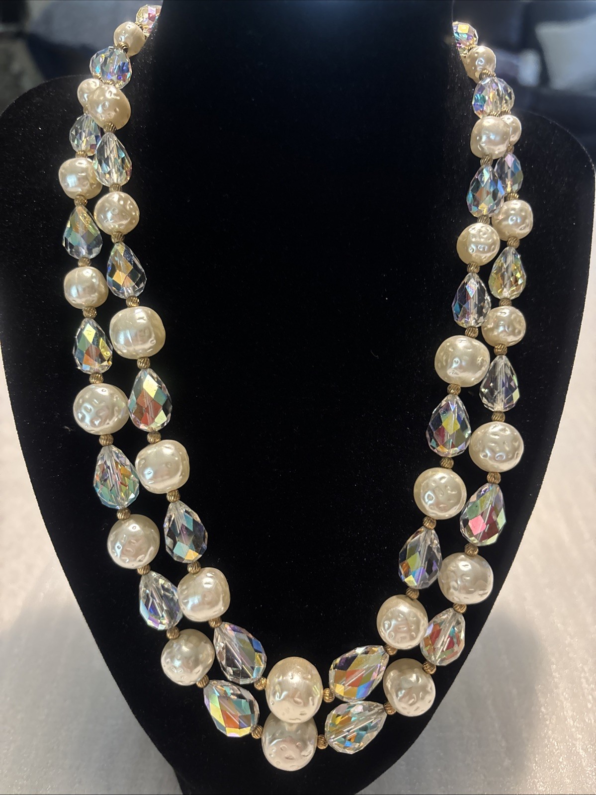 Vintage Fresh Water Pearls And Iridescent Pear Shape Crystals With Gold Beads