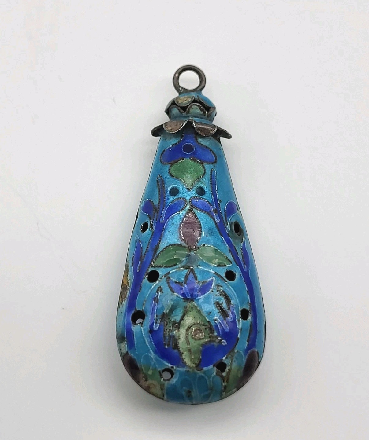 Beautiful Blue Enamel Cloissone pierced pendant Silver Chinese Export estate