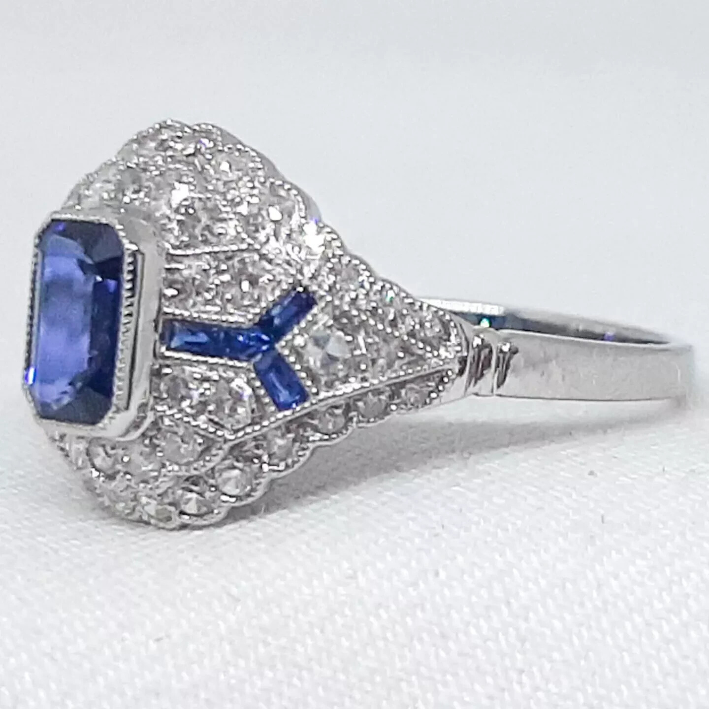 Art Deco Style 2.5Ct Sapphire Lab Created Diamond 14K White Gold FN Wedding Ring