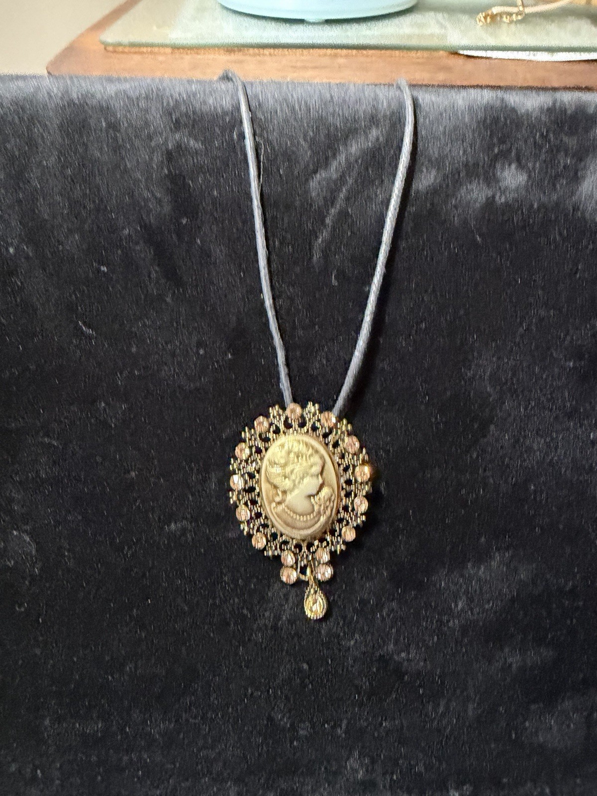 Antique Looking Cameo-Peach Crystals Broach Style Necklace On Rope 24 Inch