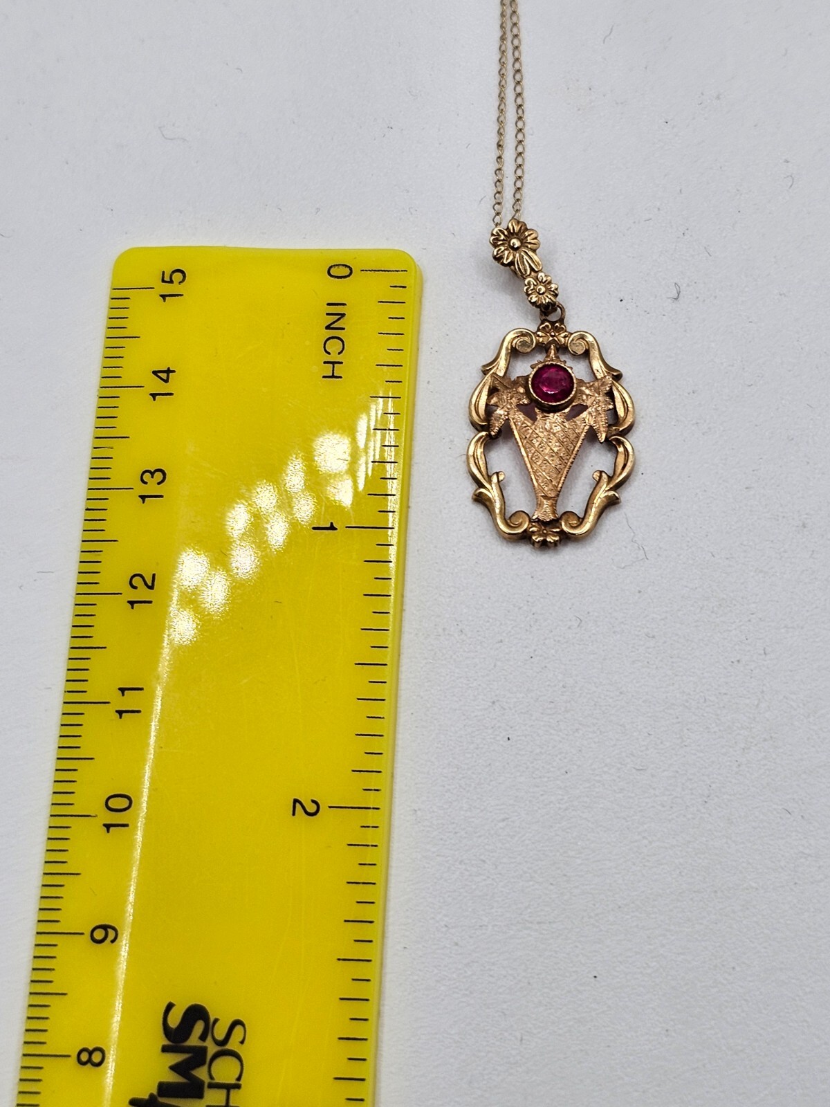 Antique 10k gold garnet Emco lavalier style pendant necklace art deco floral