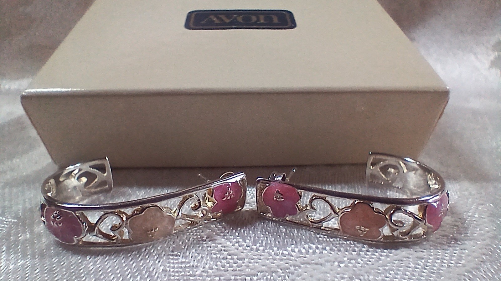 Vintage Avon Sterling Silver 925 Enamel Flower Heart Filligree J Hoop Earrings
