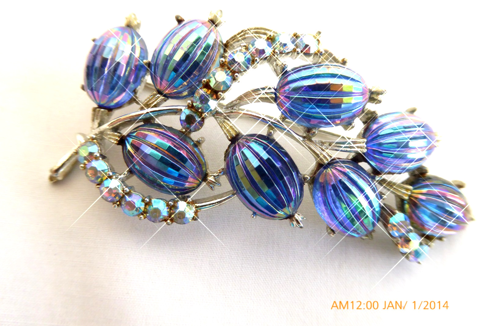 RARE VTG CORO BLUE RIBBED AB GLASS RHINESTONE NECKLACE BROOCH EARRINGS SET