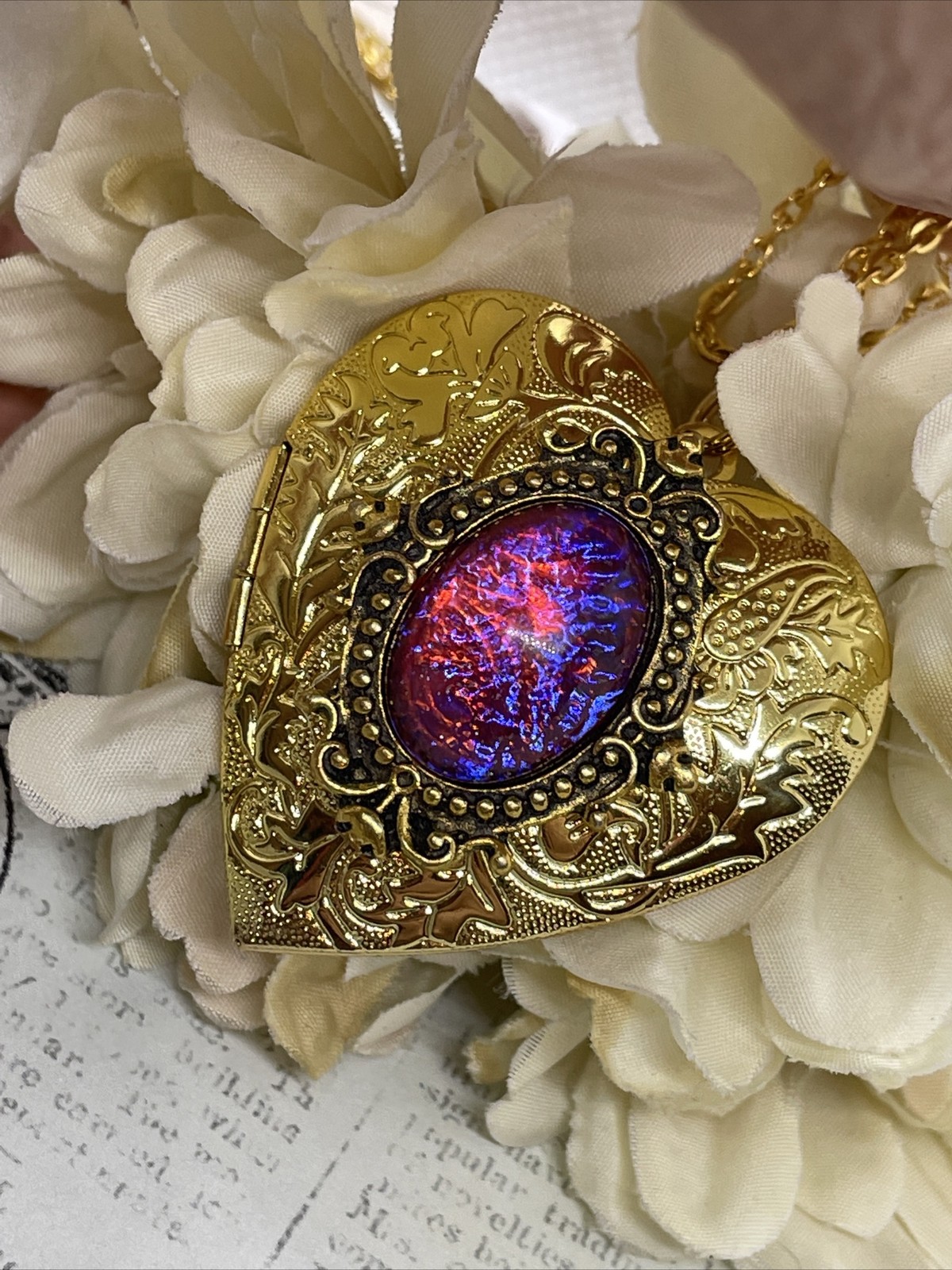 Gold Heart Locket Photo Fire Opal Dragon Birthday Anniversary Wedding Necklace