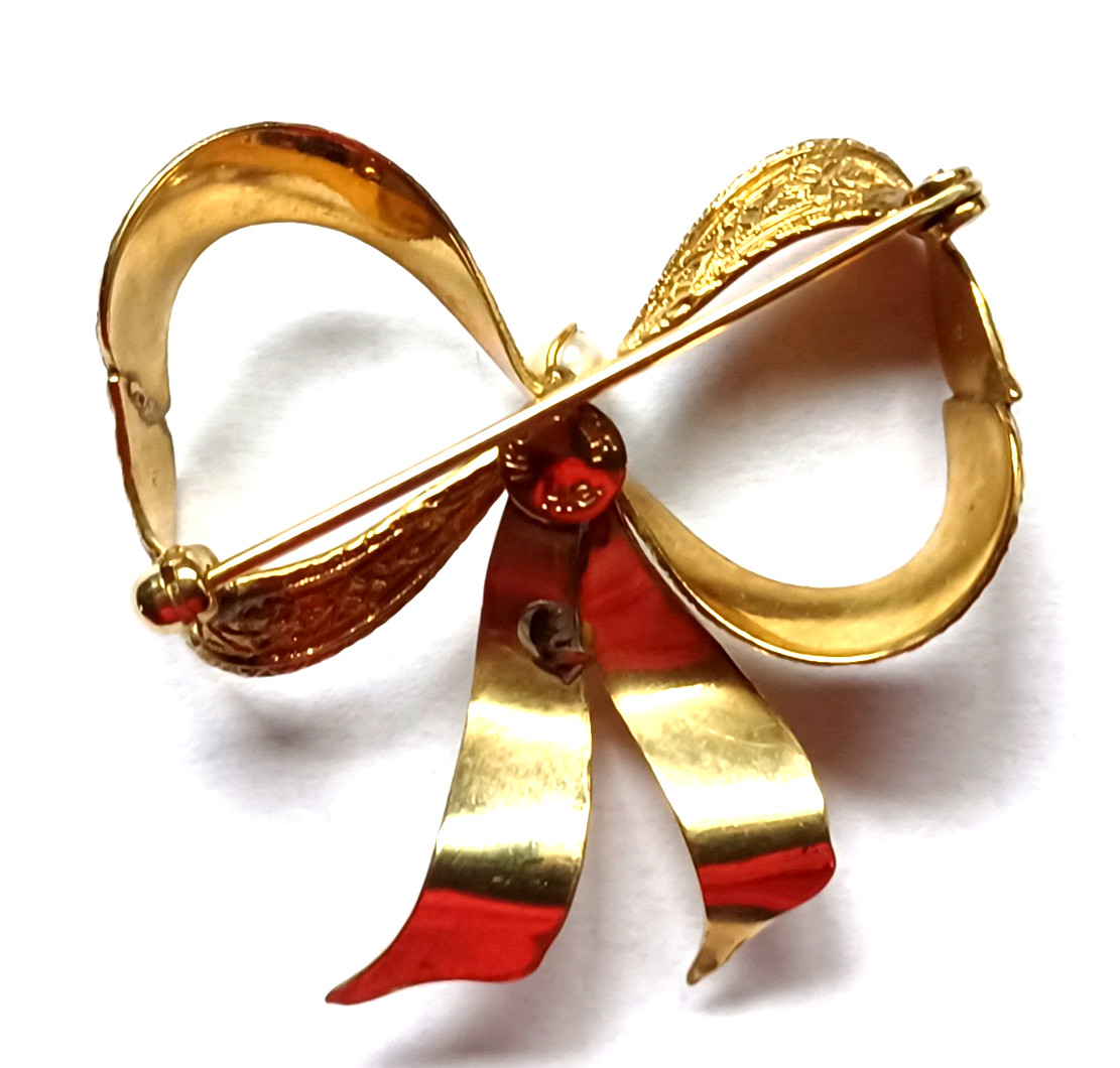 Vintage 12K Gold Filled Bow & Pearl Brooch Signed H.G.