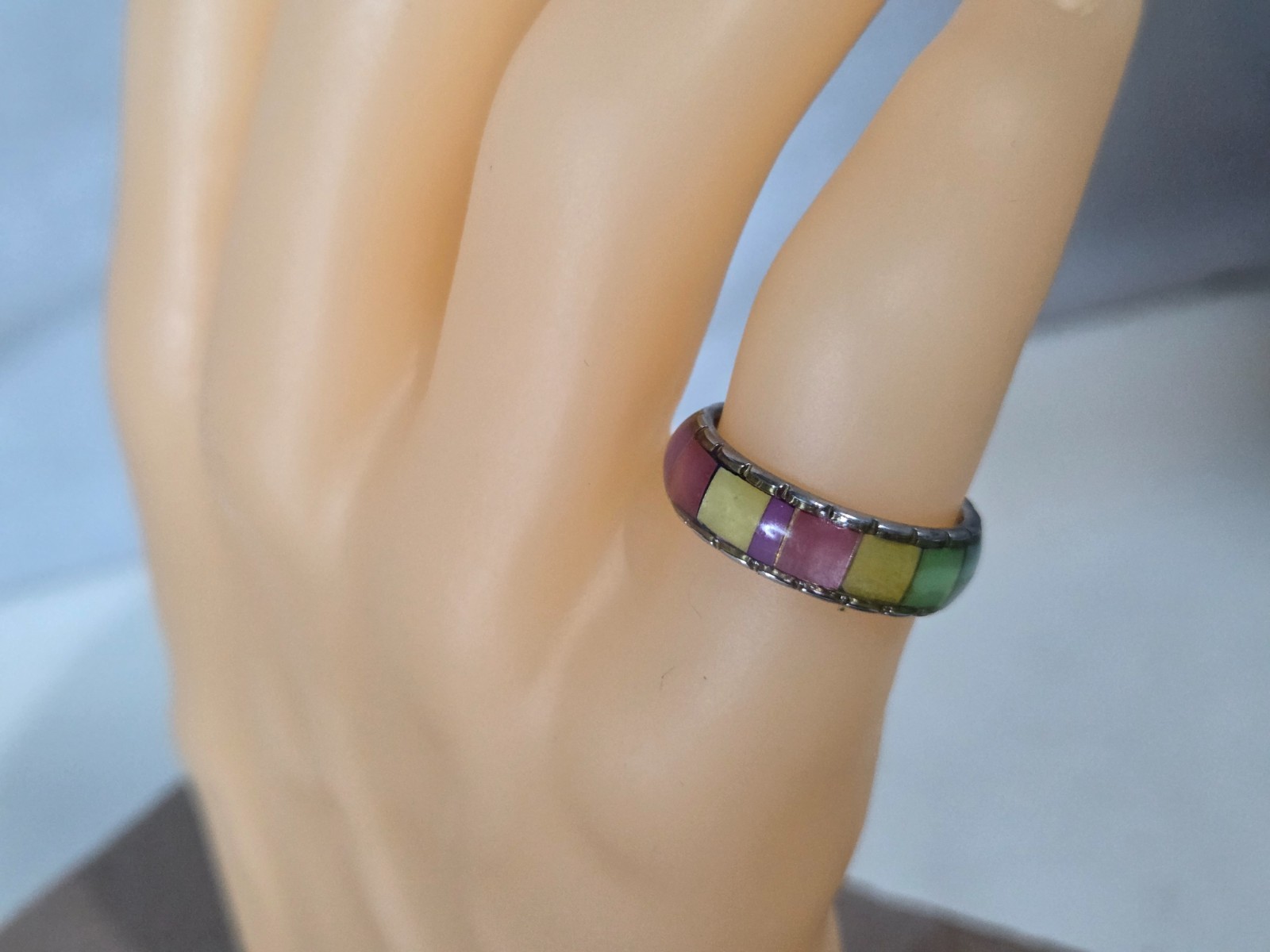 Multi-color Mosaic Inlaid Band Ring -Size 7 Silver Tone Colorful Stacker Unisex