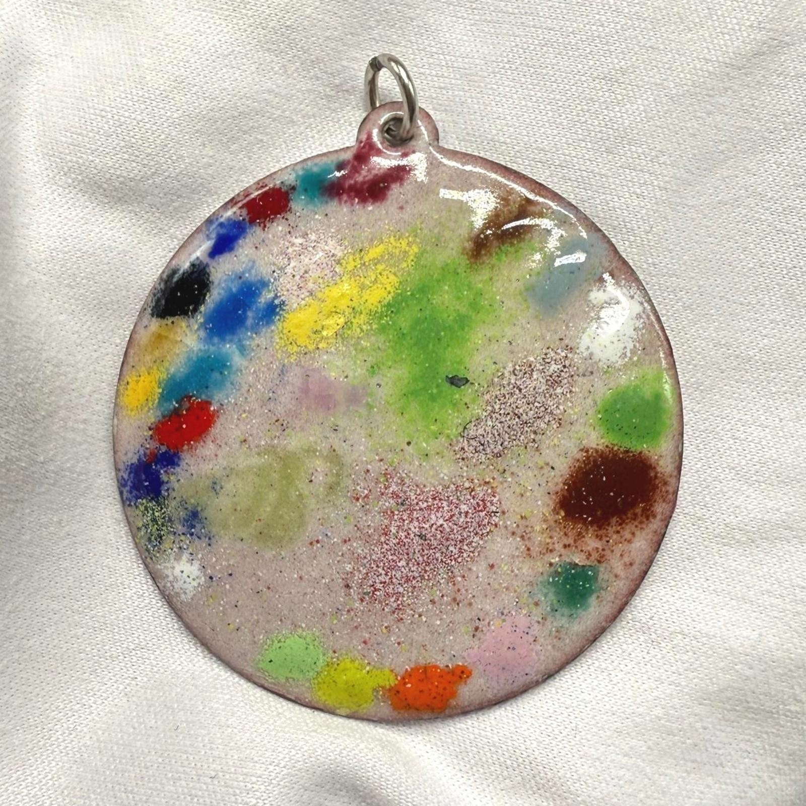 Vintage Enamel on Copper Multi Color Abstract Art Round Pendant Signed 1.75″