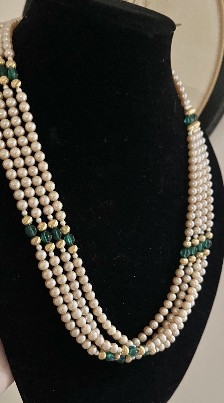 Vintage 4 Layered Ivory Pearl Green Glass Crystal Pave Clasp Beaded 24” Necklace