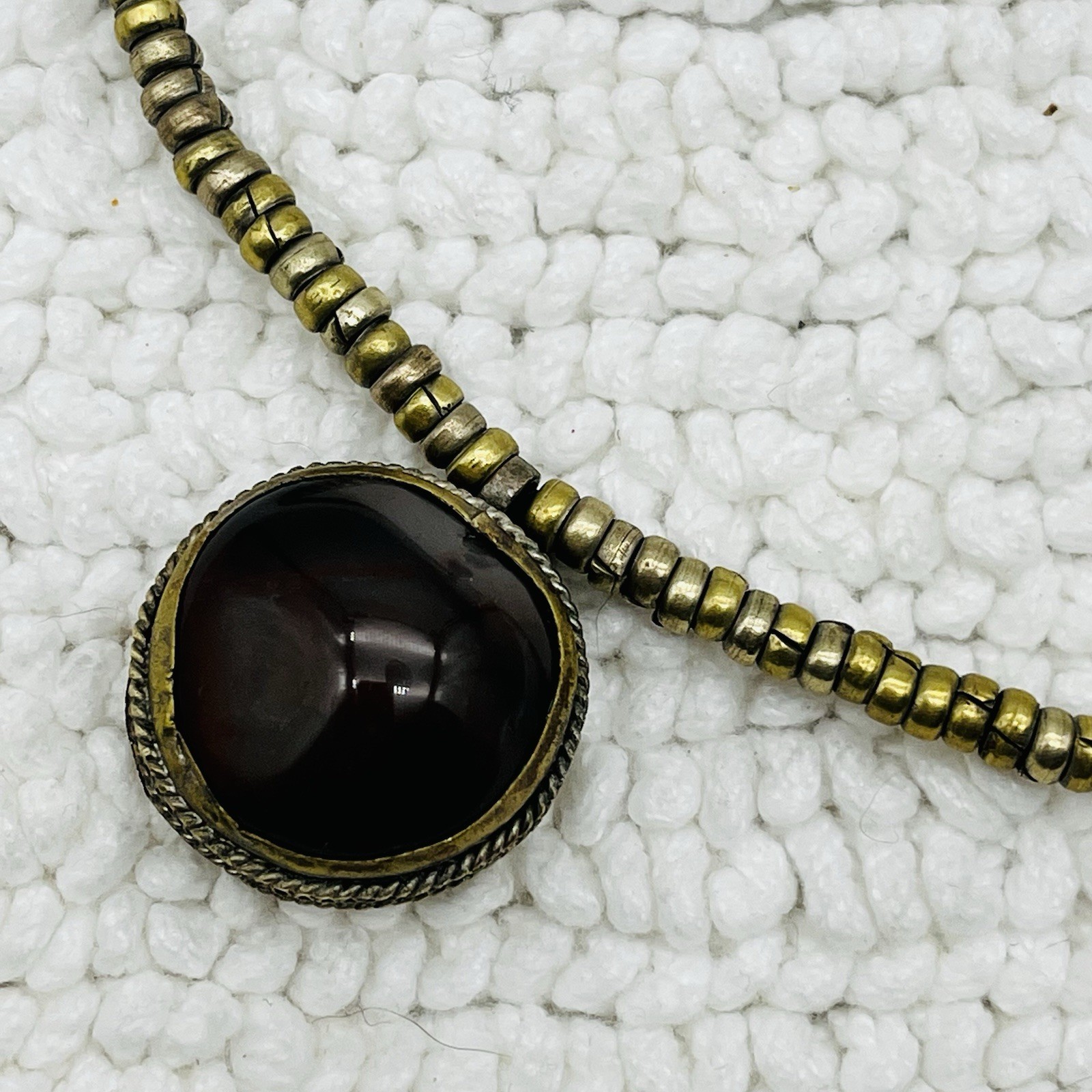 Vintage Ethnic Necklace Agate Pendant Brass 20″