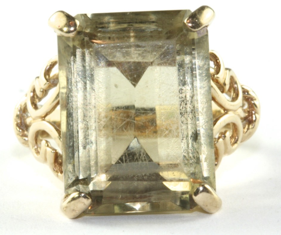 FANCY LARGE 10K LIGHT SMOKY QUARTZ RECTANGLE RING SIZE 4.75 TO 5