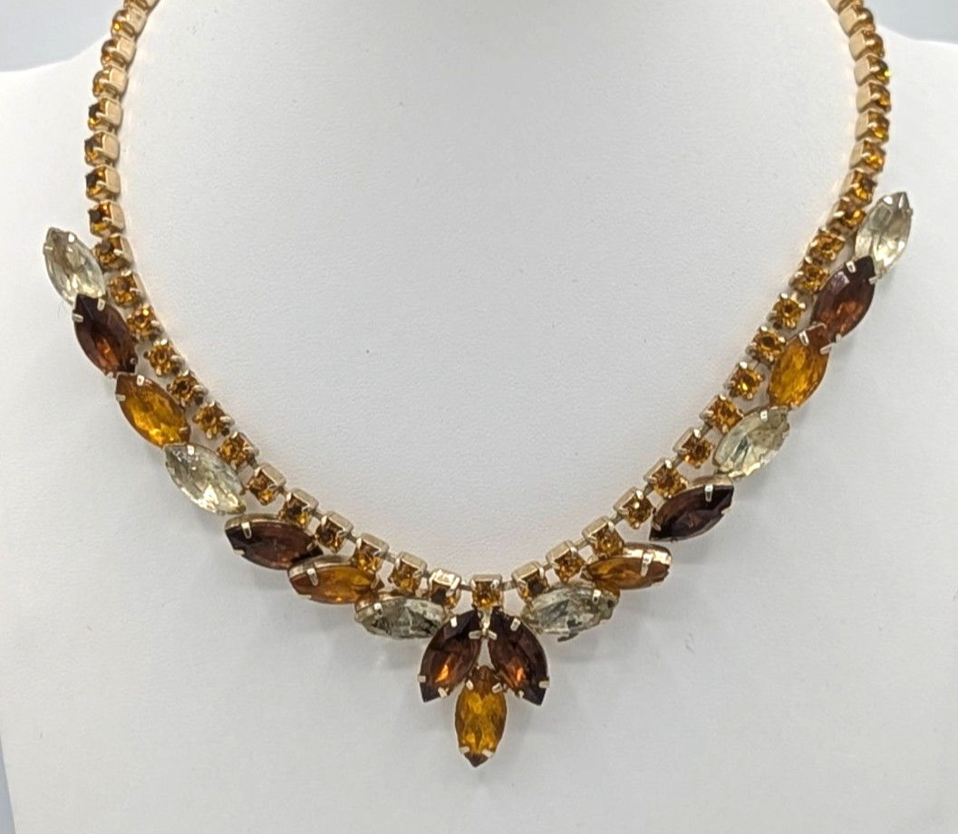 Vintage Rhinestone Collar Necklace Topaz Yellow Orange MCM Statement 1950s