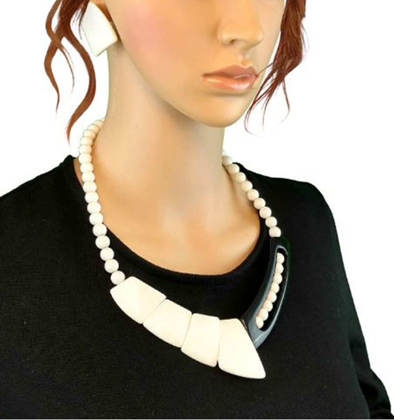 Black White Bead Lucite Geometric Earrings 1.75″ Necklace 21″ Women Jewelry Set