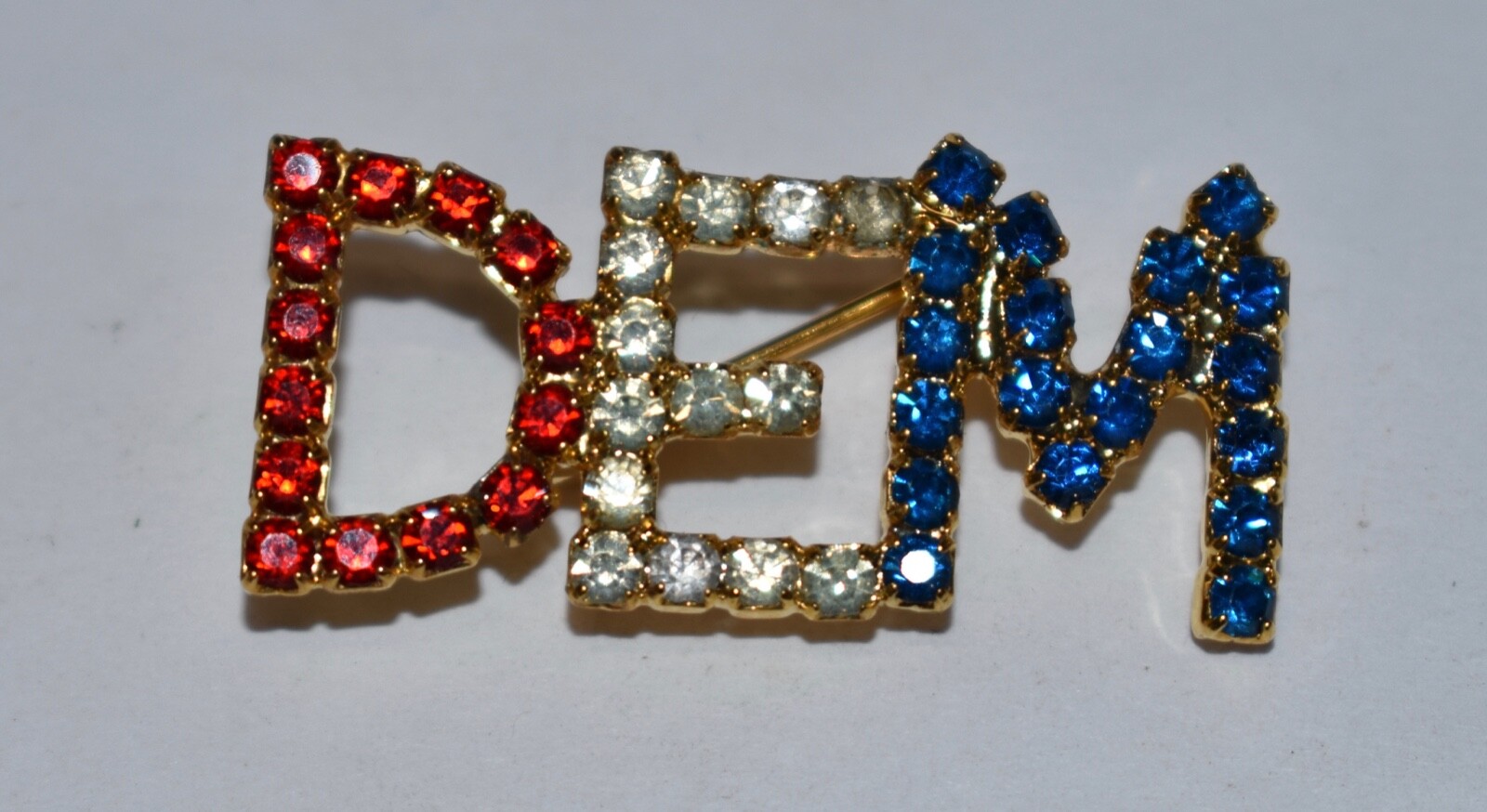 VINTAGE PATRIOTIC DEM PIN BROOCH GOLD METAL RHINESTONES RED WHITE BLUE