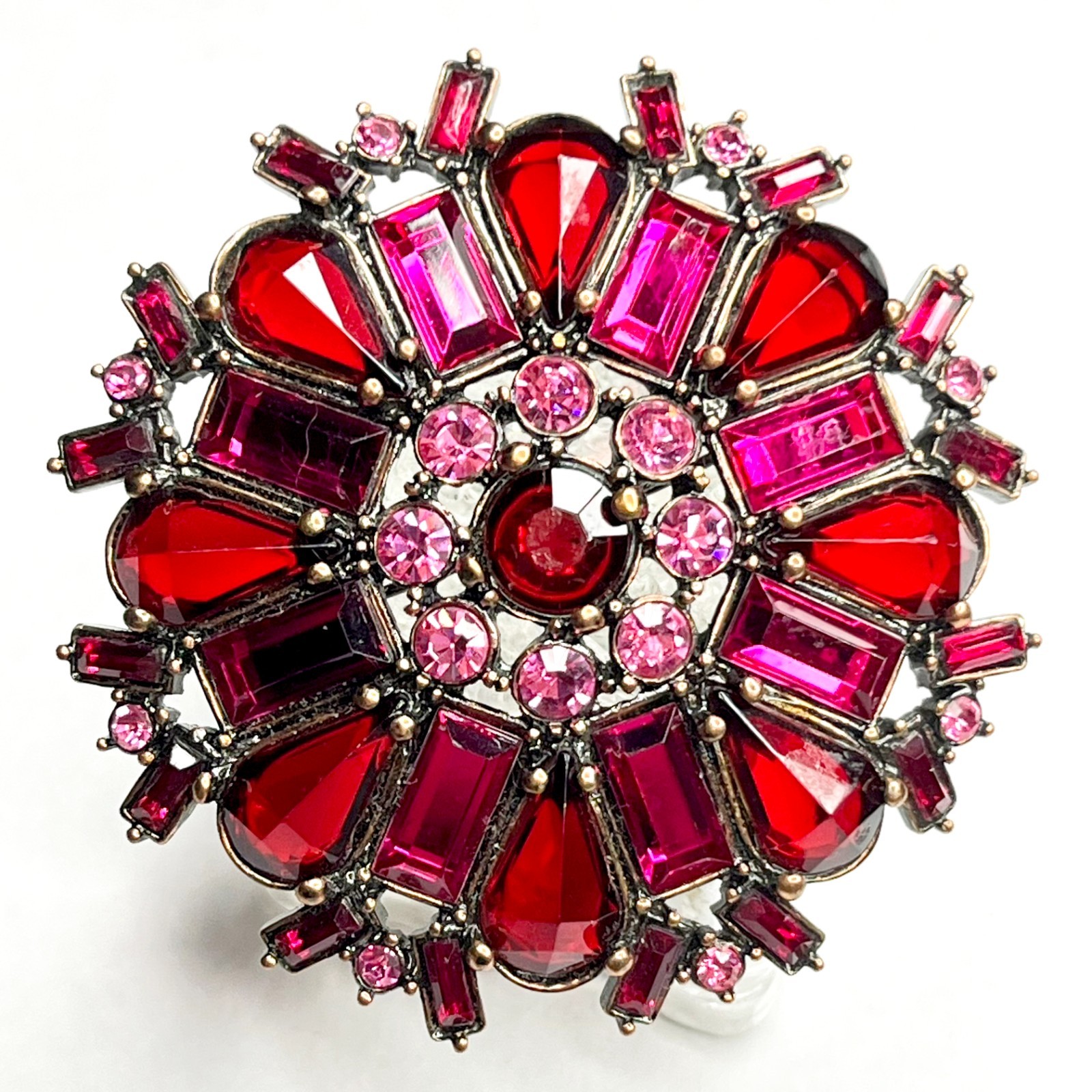 VTG Large Flower Snowflake Brooch Pin Red Fuchsia Pink Purple Glass Rhinestones